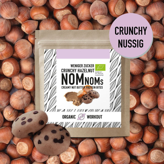 ABVERKAUF Crunchy Hazelnut NomNoms (Protein-Bites) – bio, vegan mit Bio-Erythrit und Bio Erbsenprotein