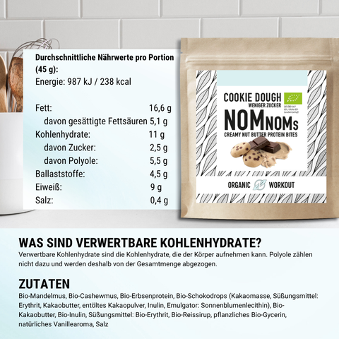 Cookie Dough NomNoms- Protein Bites – Chocolat Chip, bio, vegan mit Bio-Erythrit und Bio Erbsenprotein