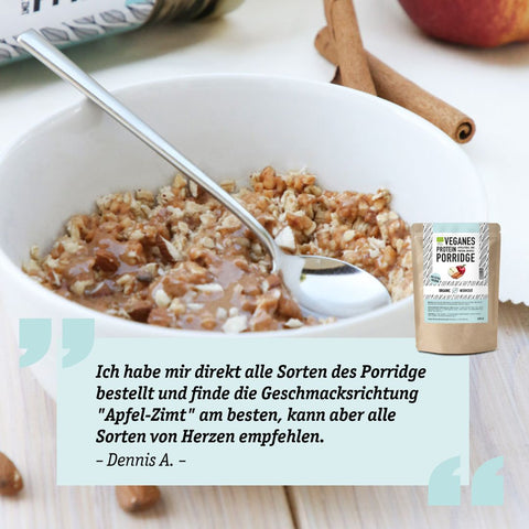 Bio Protein Porridge-Tasse Apfel-Zimt mit Protein-Crispies vegan