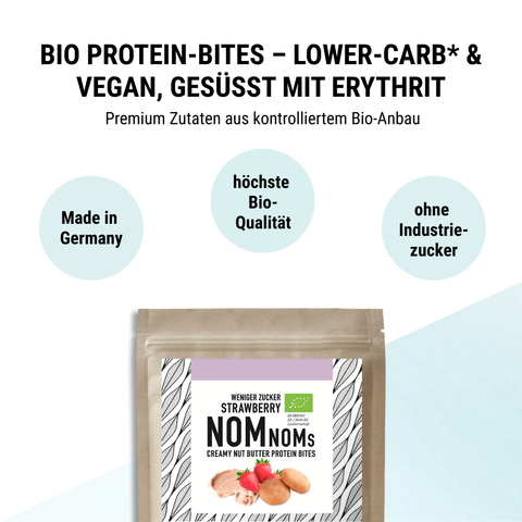 Strawberry NomNoms- Protein Bites – bio, vegan mit Bio-Erythrit und Bio Erbsenprotein