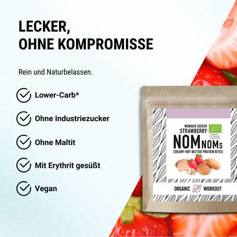 Strawberry NomNoms- Protein Bites – bio, vegan mit Bio-Erythrit und Bio Erbsenprotein