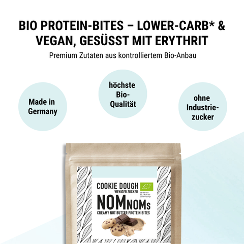 Cookie Dough NomNoms- Protein Bites – Chocolat Chip, bio, vegan mit Bio-Erythrit und Bio Erbsenprotein