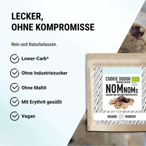 Cookie Dough NomNoms- Protein Bites – Chocolat Chip, bio, vegan mit Bio-Erythrit und Bio Erbsenprotein