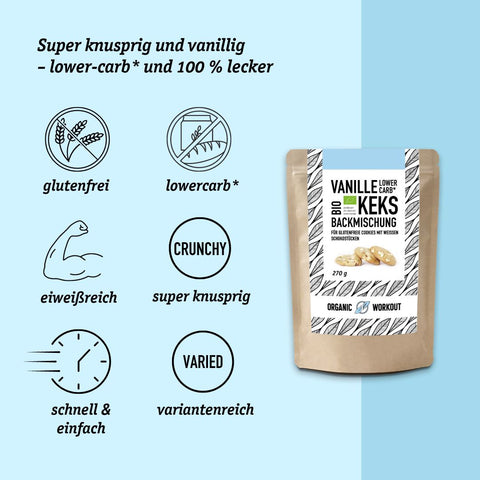 Bio Lower-Carb Vanille Keks-Backmischung für glutenfreie Kekse mit weissen Schokoladenstücken