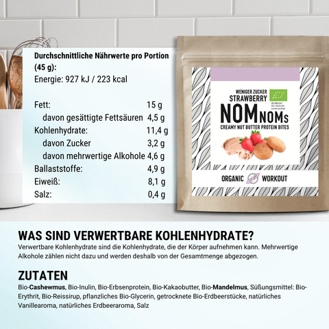 Strawberry NomNoms- Protein Bites – bio, vegan mit Bio-Erythrit und Bio Erbsenprotein