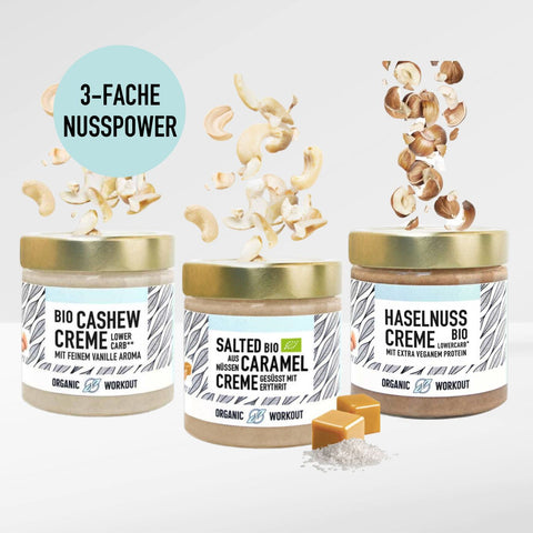 3er Lower-Carb Bio Nusscremes, Haselnuss, Cashewcreme & Salted Caramel Creme