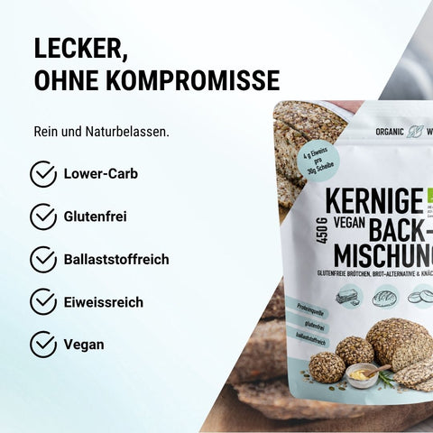 Bio Kernige Lower-Carb* Backmischung – glutenfrei, vegan, eiweiss- und ballaststoffreich