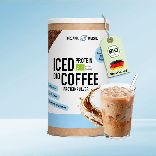 Bio Iced Coffee Protein Pulver Dose von Organic Workout, Teil des Bio Protein Pulver Duos