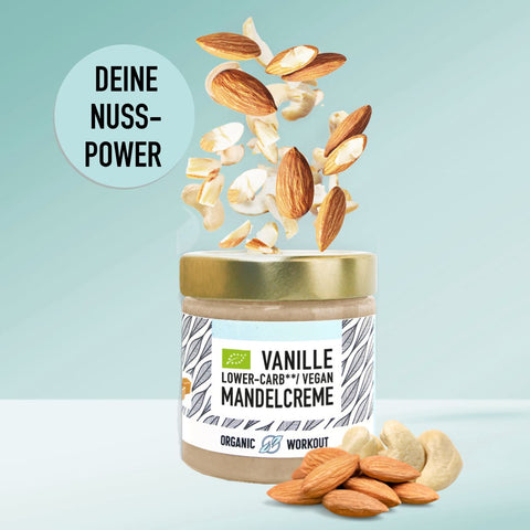 Bio vegane Mandelcreme mit Cashewmus, Erbsenprotein-Protein + Vanille
