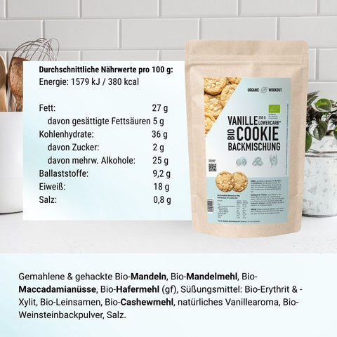 Bio Lower-Carb* Vanille Keks-Backmischung für glutenfreie Cookies mit Macadamia-Stücken