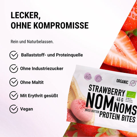 Strawberry NomNoms- Protein Bites – bio, vegan mit Bio-Erythrit und Bio Erbsenprotein