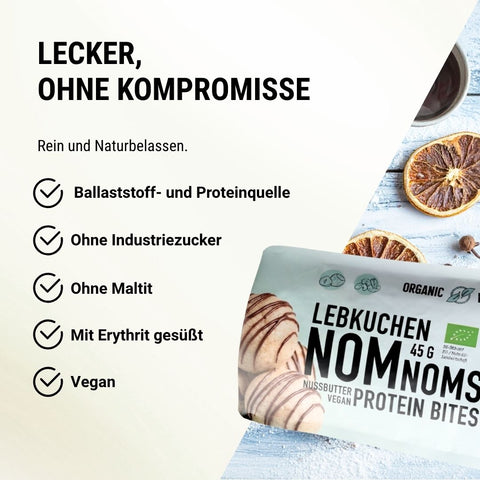 Lebkuchen NomNom Protein Bites – bio, vegan mit Extra pflanzlichem Protein