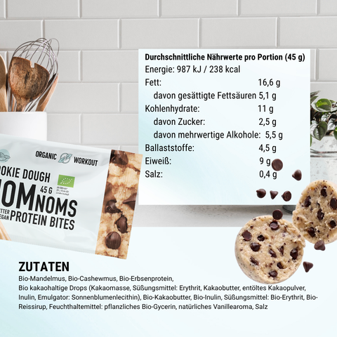 Cookie Dough NomNoms- Protein Bites, bio, vegan, Ballaststoffquelle mit Bio-Erythrit und Bio Erbsenprotein
