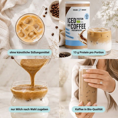 Bio Iced Coffee Protein Pulver Dose von Organic Workout – Vorteile: ohne künstliche Süßstoffe, mit Bio-Kaffee, proteinreich