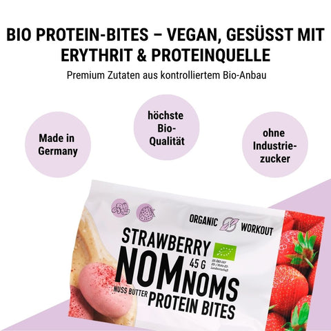 Strawberry NomNoms- Protein Bites – bio, vegan mit Bio-Erythrit und Bio Erbsenprotein