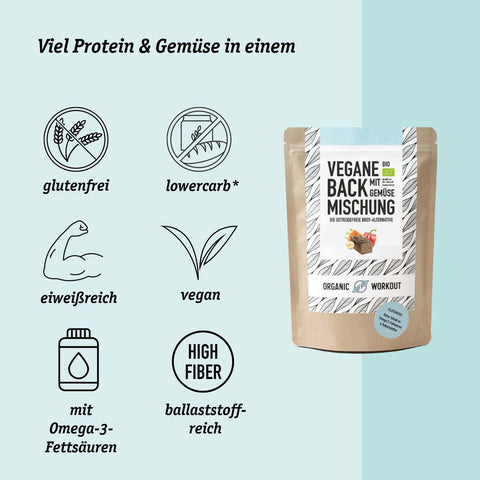 Vegane Bio Backmischung mit Gemüse, die proteinreiche, lower-carb* Brot-Alternative