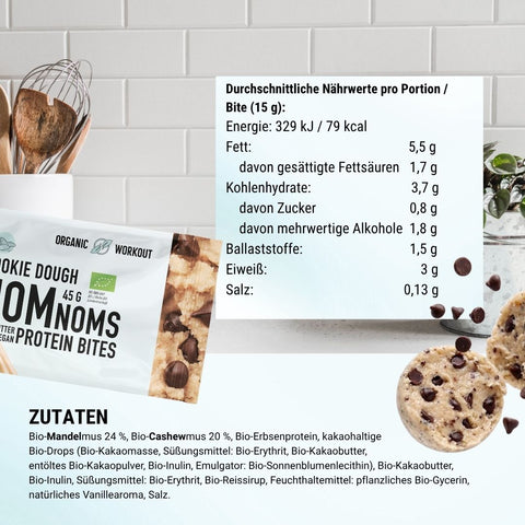 Cookie Dough NomNoms- Protein Bites, bio, vegan, Ballaststoffquelle mit Bio-Erythrit und Bio Erbsenprotein
